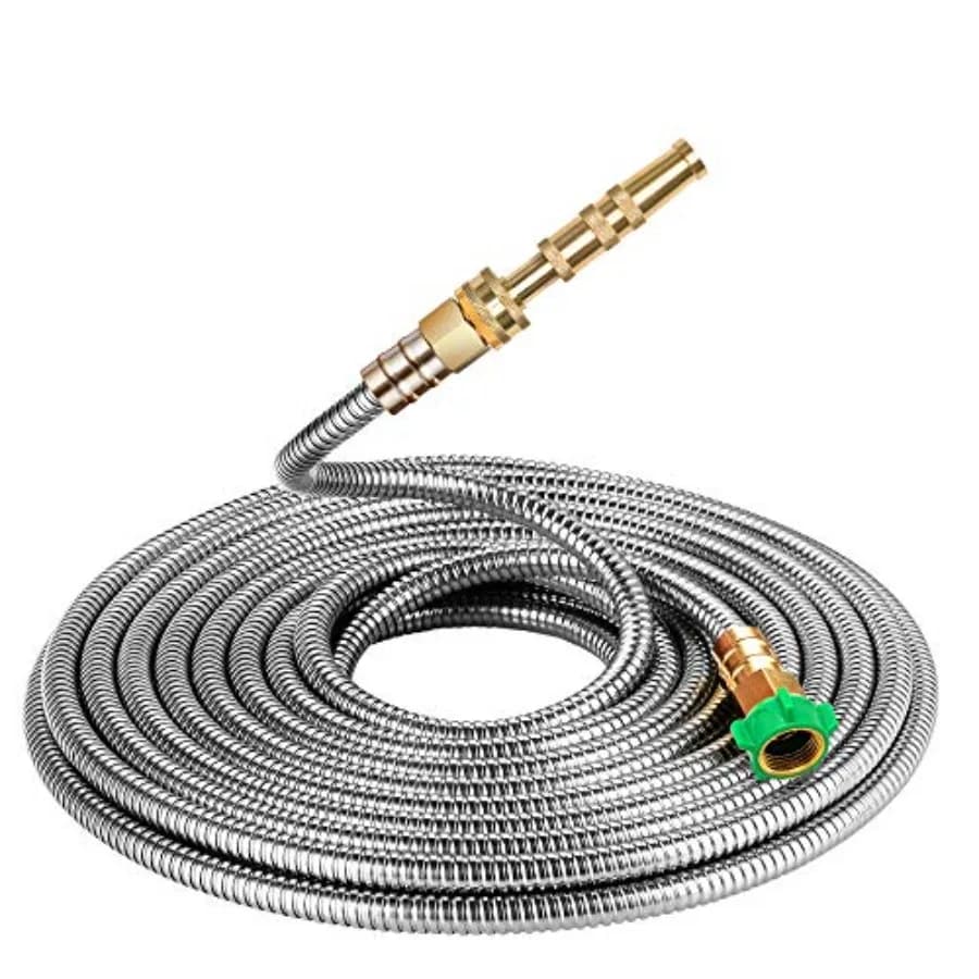 50 ft Metal Garden Hose, Solid Brass Fittings, 304 Stainless Steel Heavy Duty, No-Leak and Kink Free, Brass Garden Hose Nozzle