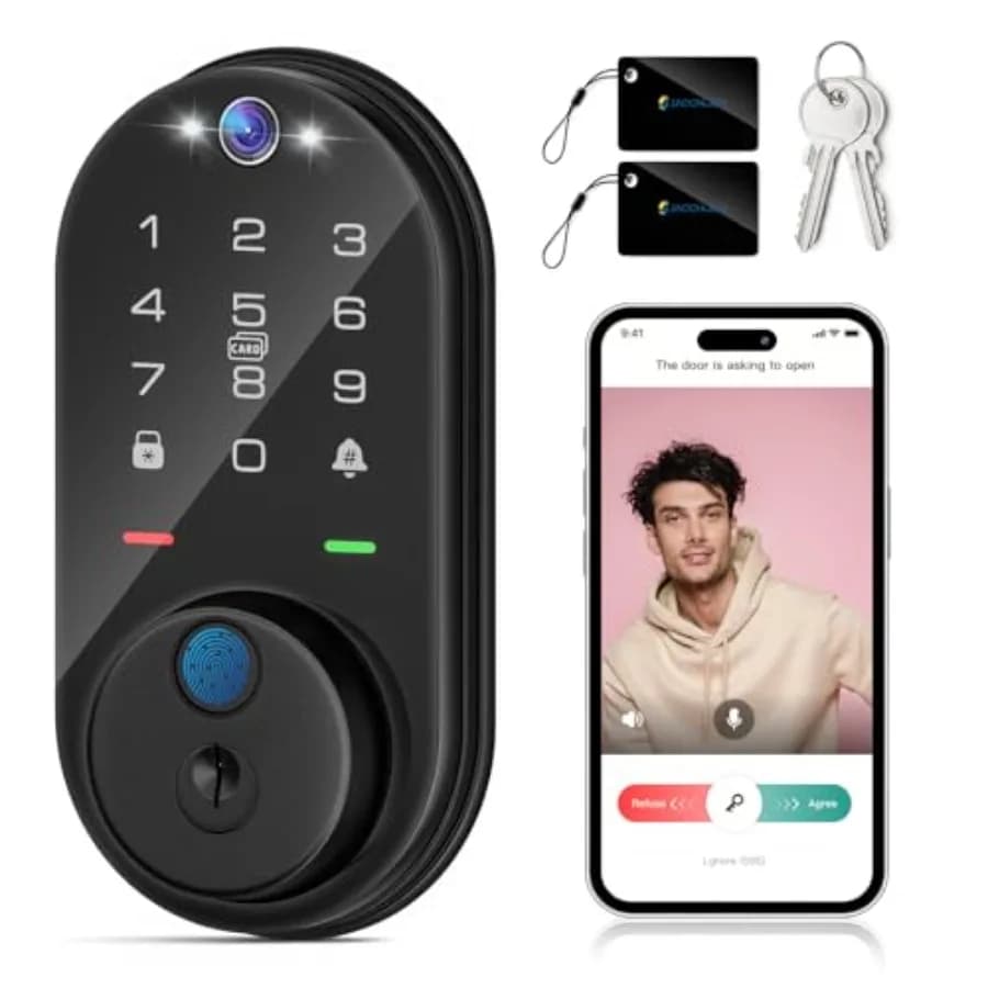 Serratura Intelligente con Telecamera, Ingresso Senza Chiave con Impronta Digitale, Serratura per Porta d'Ingresso con WiFi Integrato, Videocitofono, Tastiera Touchscreen, Comunicazione Bidirezionale