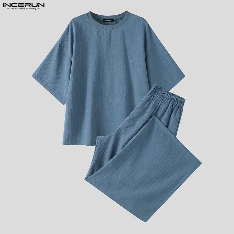 INCERUN Men Casual Sets Solid Color Short Sleeve T Shirt Wide Leg Pants Two Piece Sets Streetwear Summer Loose Men Matching Sets