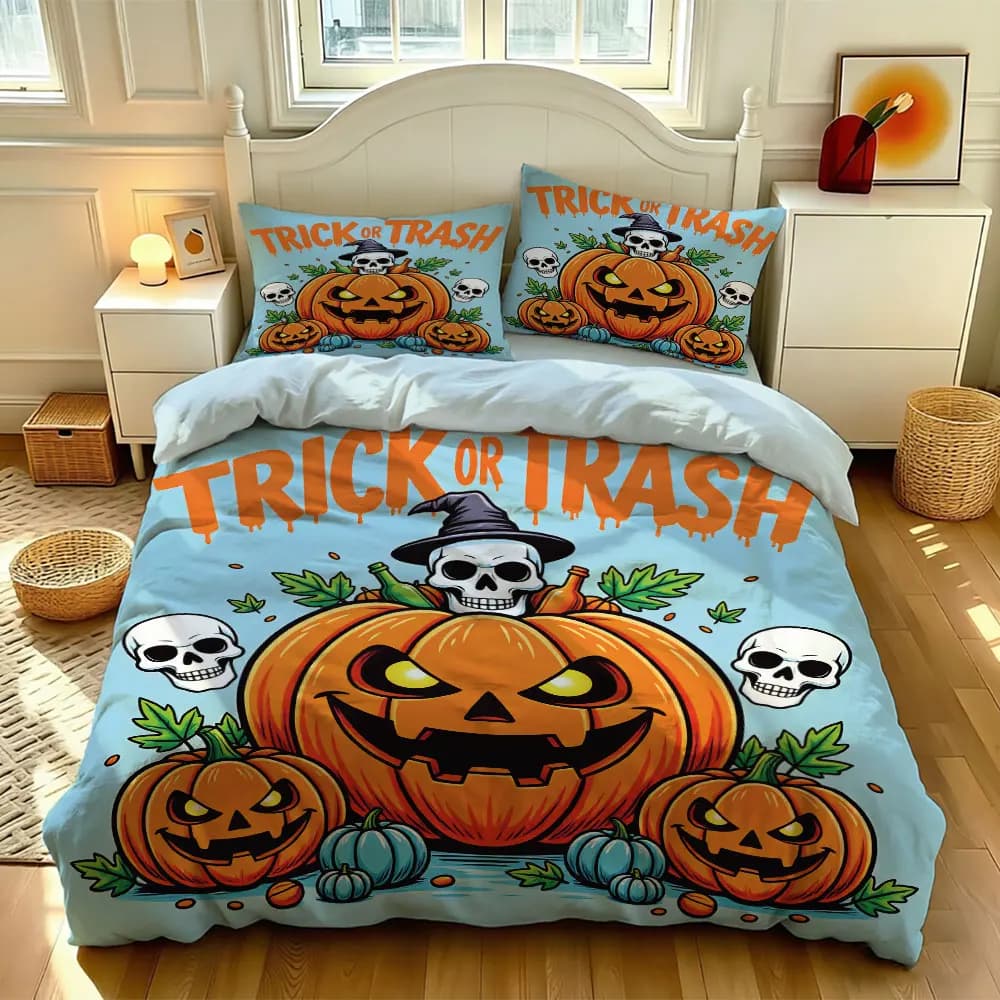 3pc pumpkin skull-themed "TRICK OR TRASH" bedding set, featuring a soft, coreless duvet cover and matching pillowcases