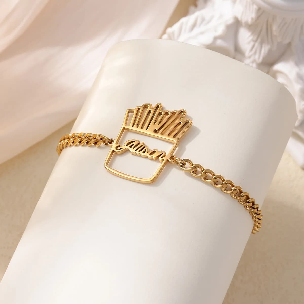 Bracciale con nome personalizzato in acciaio inossidabile per donna Bracciale con nome estetico con patatine fritte vuote Gioielli da indossare ogni giorno
