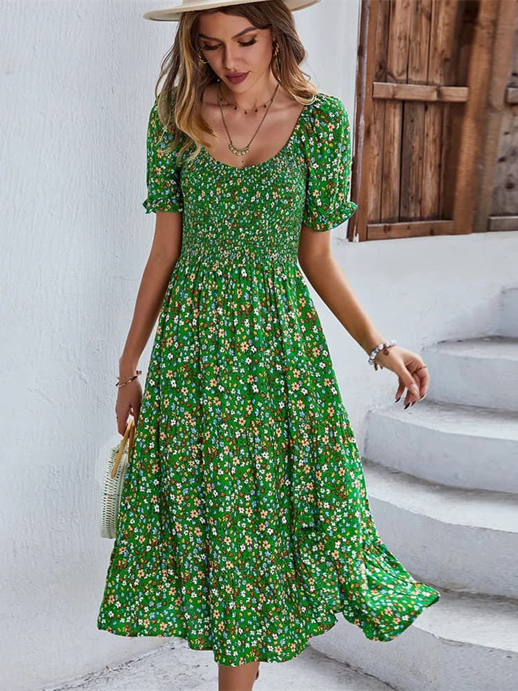 Abito estivo Boho con stampa floreale vintage sexy da donna Abito da spiaggia bohemien elastico casual da donna Abito estivo da donna Abiti da donna