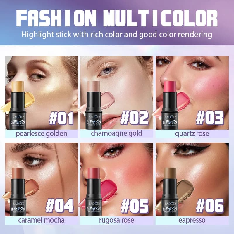Evidenziatore colorato, luce d'acqua, idratazione, illuminazione naturale, contorno viso e contorno tridimensionale