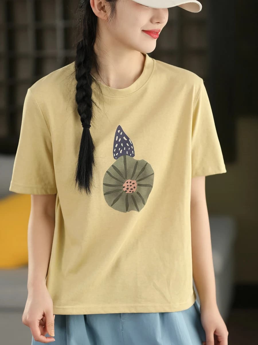 Artistic Print Cotton Short Sleeve round Neck Loose Fit Overhead Shirt Women's Summer Versatile Slimming T-Shirt Top