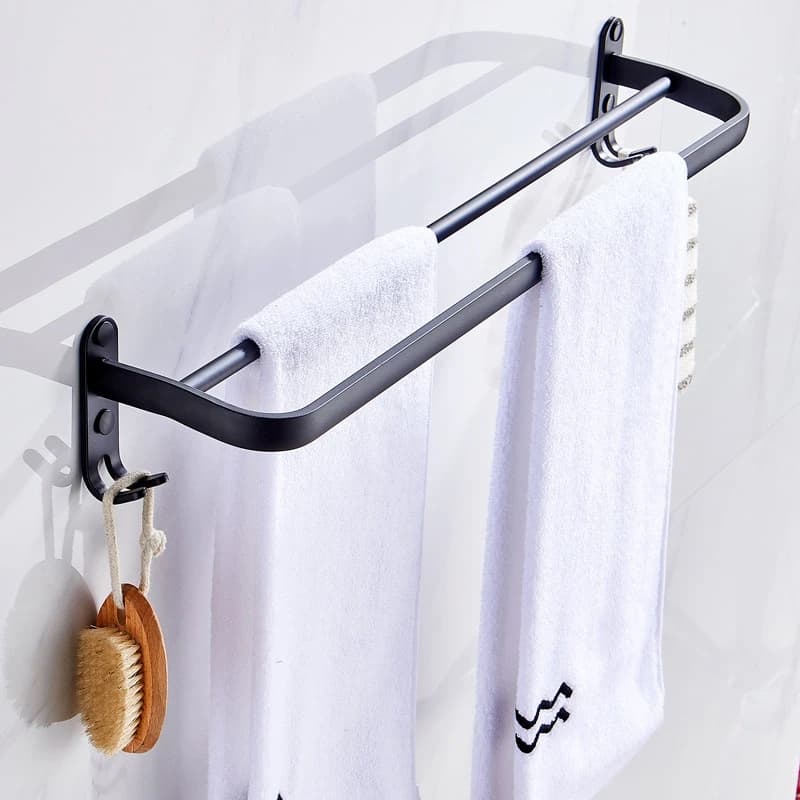 AWAH Portasciugamani da parete nero da 60 cm, in alluminio, con doppia asta e gancio, per casa, hotel, bagno, accessori doccia