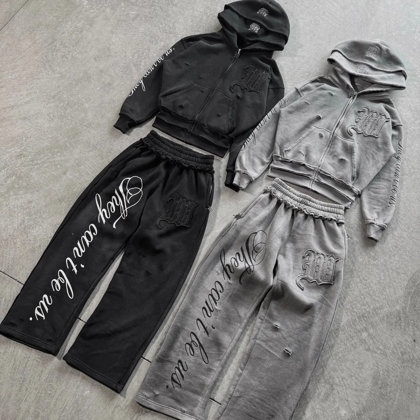 Streetwear Hip Hop Printed Hoodie And Pants Set Loose Fit Long Sleeve Zipper Closure Two Piece Sportswear for Youth