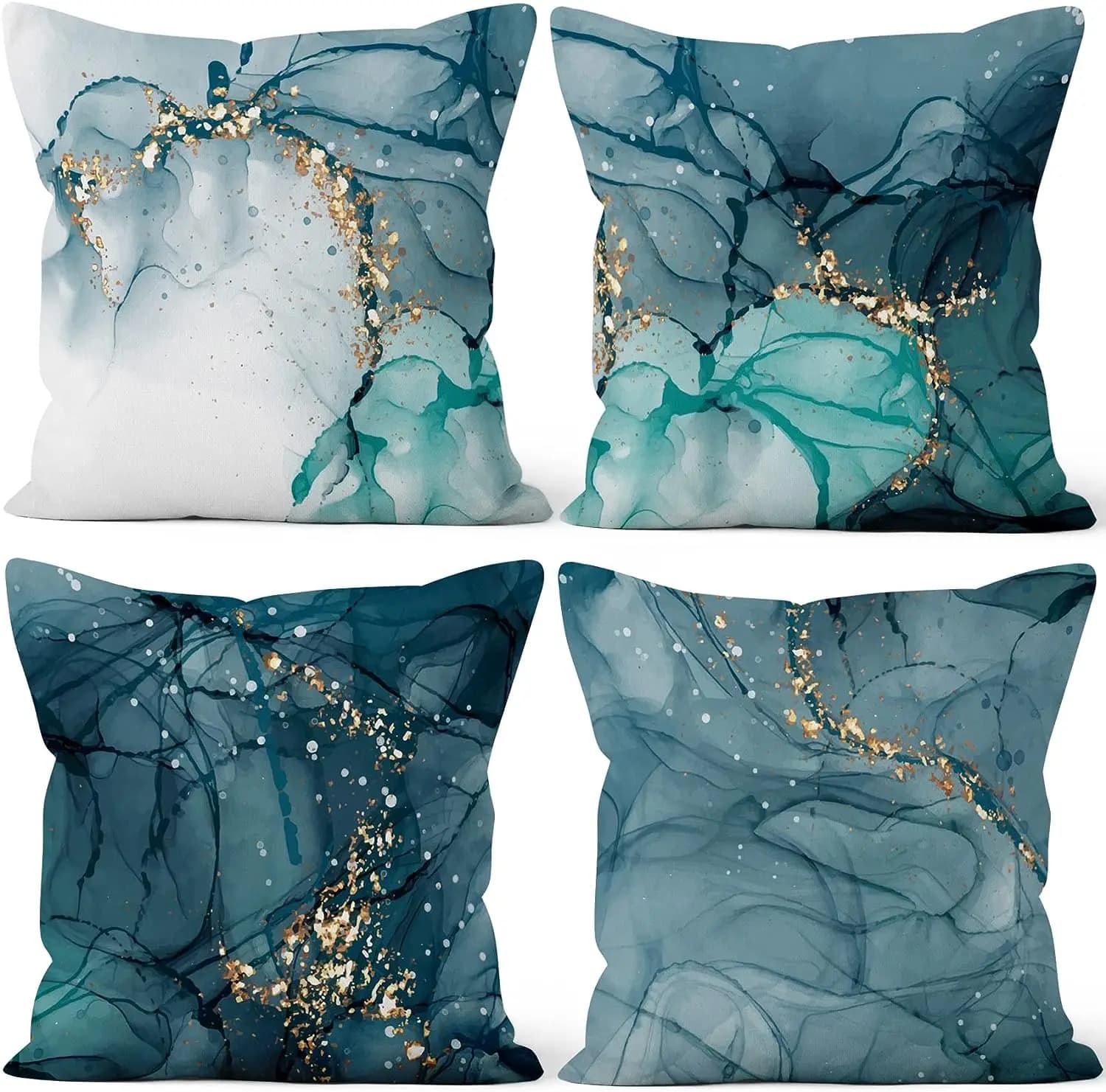 Short decorative pillow case in plush, gold cushion lining and cyan lining for abstract sofa cushion and living room