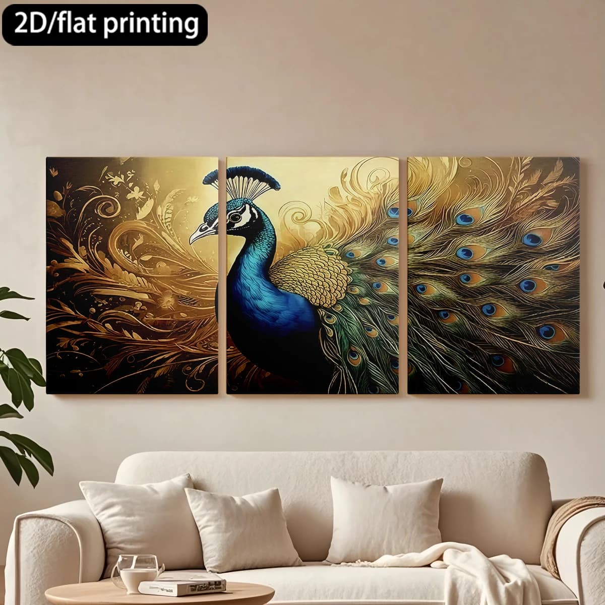 Decorative painting on canvas with wooden frame, 3 pieces, with peacock, vibrating plumage, ornamented background. Hall decoration, living room.
