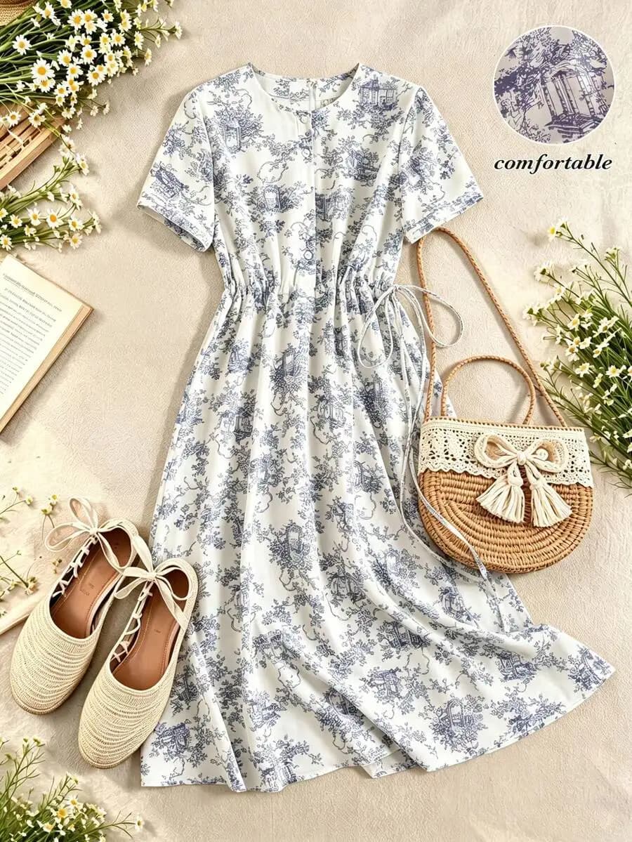 Abito midi da donna con stampa floreale, girocollo, maniche corte, abito casual estivo