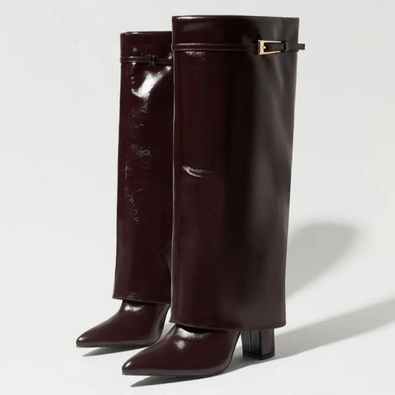 Retro Burgundy Knee Heel Boots for Women Fashion Pointed Toe Belt Buckle Decorated Chunky Heel Boots Luxury Brand Designer Shoes