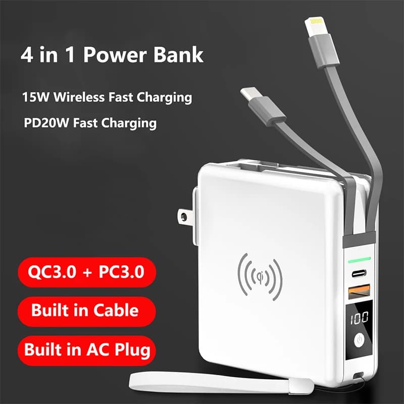 Power Bank wireless 4 in 1 10000mAh con cavo Caricatore da muro con spina CA PD 20W Ricarica rapida per iPhone 16 Xiaomi Samsung Powerbank