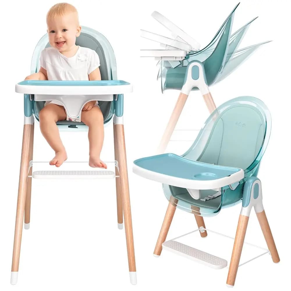 Seggiolone in Legno 6-in-1 Regolabile per Neonati e Bambini, Facile da Pulire, Vassoio Rimovibile, Cuscino, 3 Posizioni di Seduta, 2 Altezze