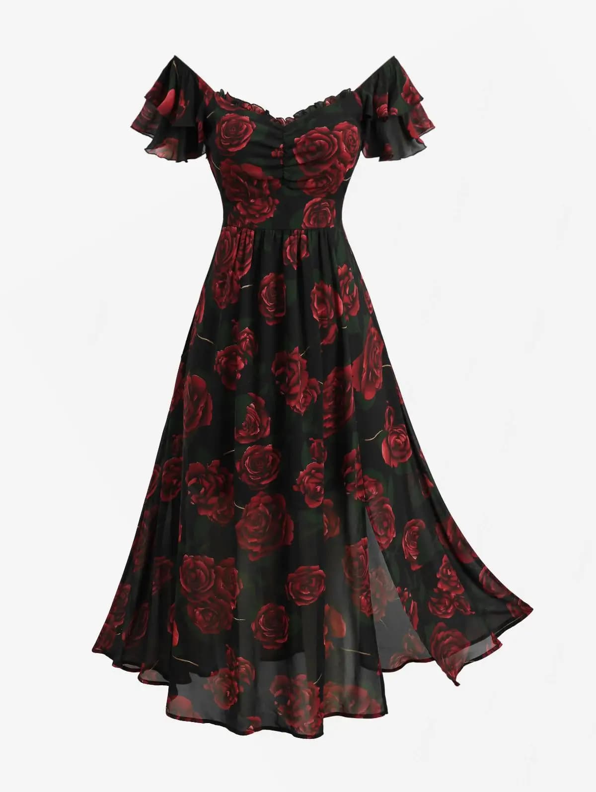 ROSEGAL Plus Size Rose Flower Print Enchanted Split A-Line Dress 2026 New Arrival Women Elegant Casual Maxi Dress Robe Dress