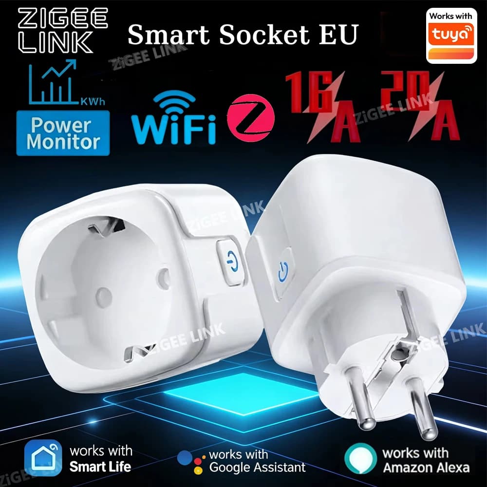 Presa Intelligente WiFi o ZigBee 16A/20A EU con Monitoraggio Consumi, Controllo Remoto Wireless tramite App e Comandi Vocali, Compatibile con Tuya Alexa Google