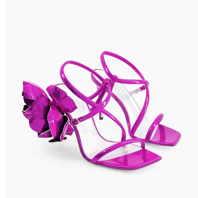 Rose Red Patent Leather Flower Square Toe Summer Women Sandals Stiletto High Heels Buckle Strap Design Large Size Shoes