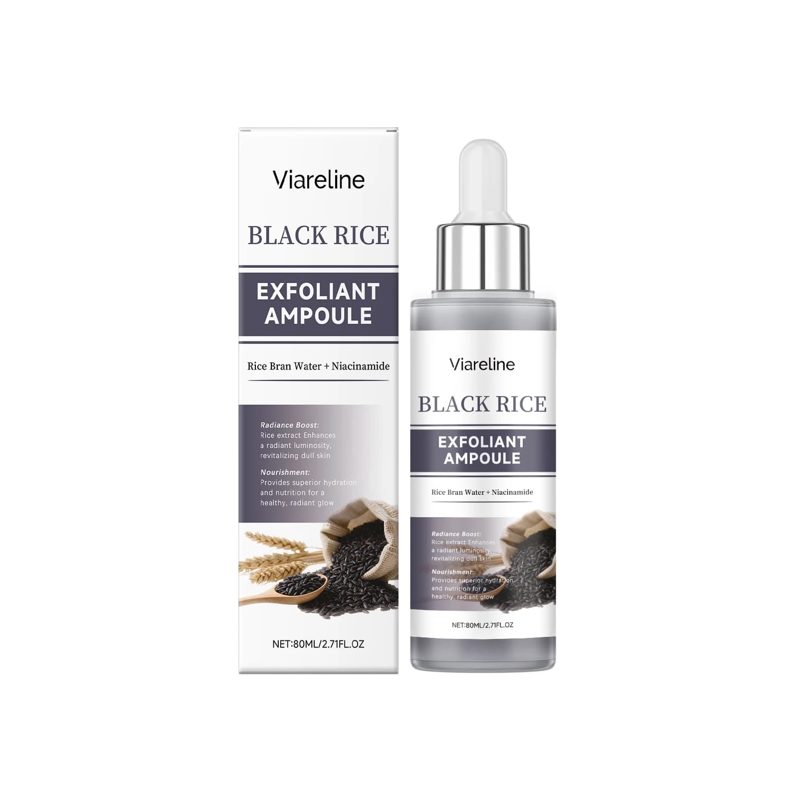 Siero fiala esfoliante al riso nero con niacinamide e acqua di crusca di riso per il rinnovamento e l'idratazione della pelle delicata 80 ml