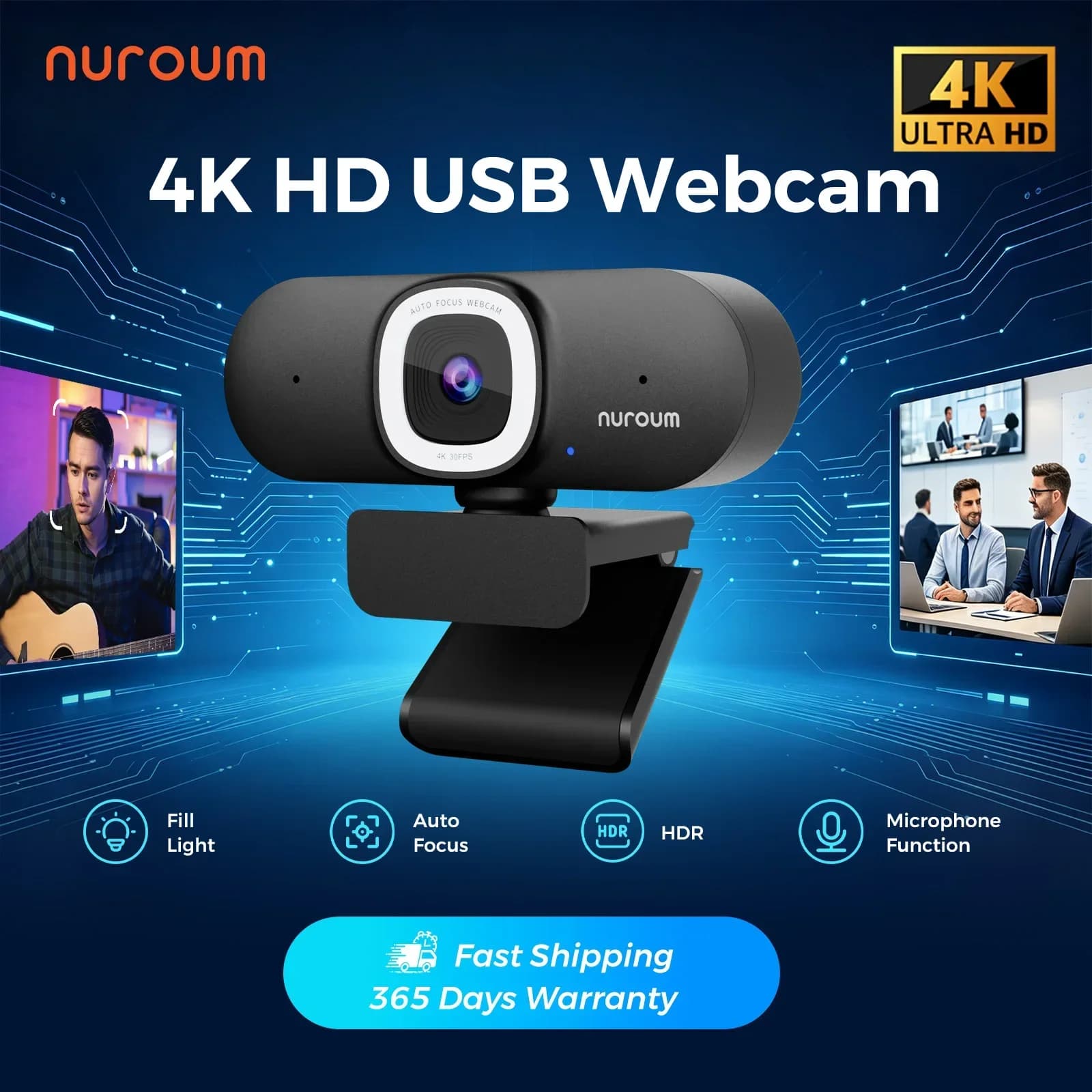 NUROUM V32AFL 4K webcam with mic, autofocus, auto-framing & ring light. USB plug-and-play for PC, for meetings,live streaming