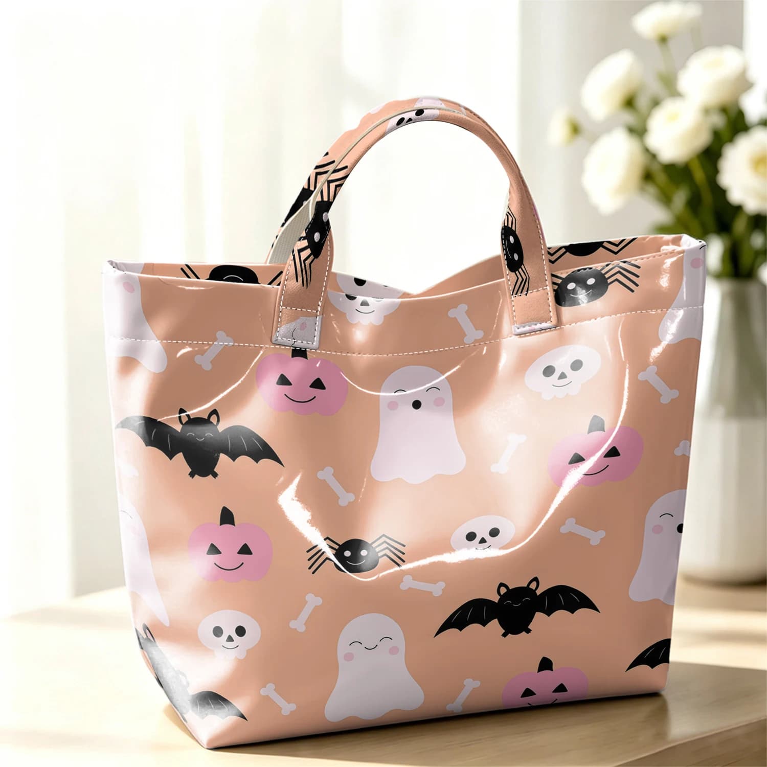 Halloween Cute Ghost Stylish Large Glossy PVC Tote Bag Washable Waterproof Durable Ideal for Travel Commute Cosmetics Handbags
