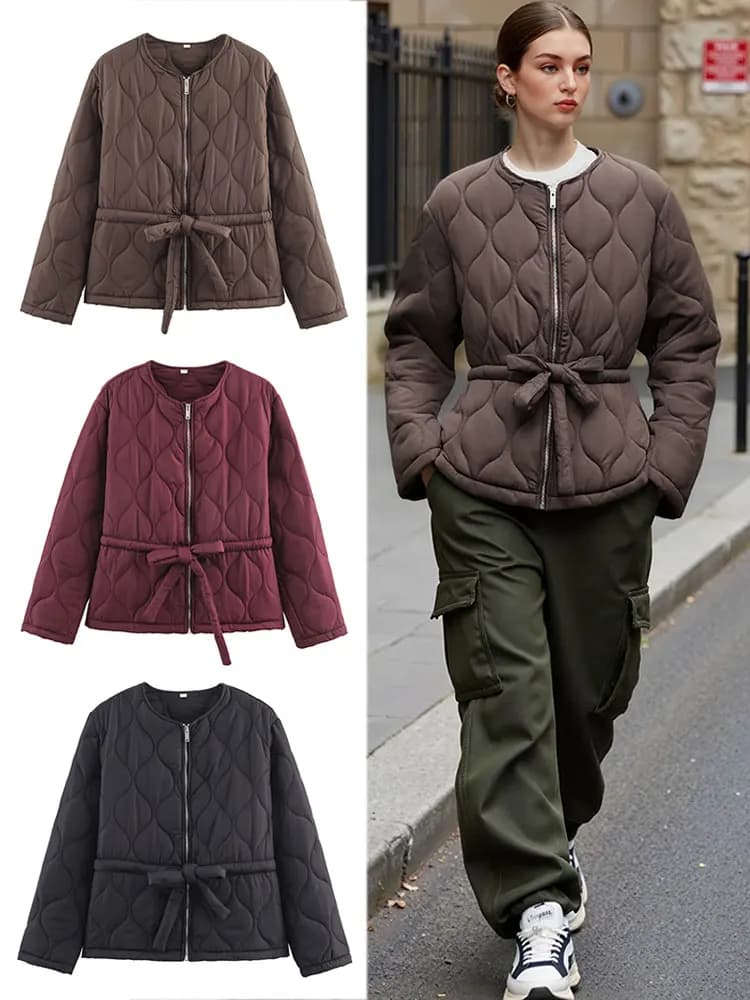HH Autumn Winter Women's Solid Quilted Coats Long Sleeve Or Collar Zippered Jacket with Belts Fashion Casual Office Lady Warm Coat