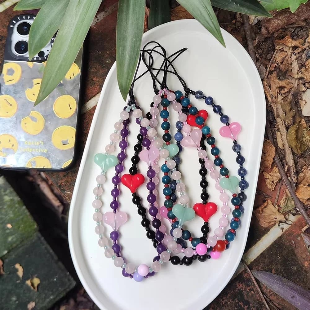 HERLOOK Natural Stone Phone Band Horn Love Heart Phone Strap Ballpoint Beads Decorated Chain Accessories Y2K Jewelry