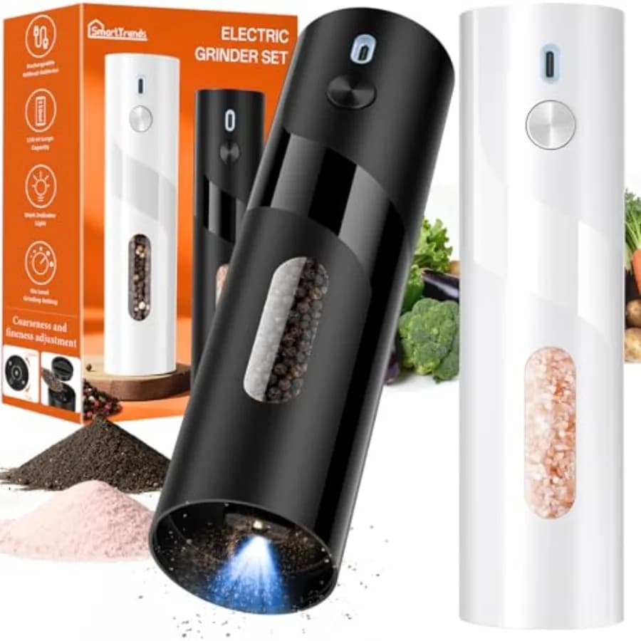 Set di 2 Macinini Elettrici per Sale e Pepe da 110ml, Ricaricabili, per Cucina e Uso Esterno, con Regolazione della Macinatura, Neri