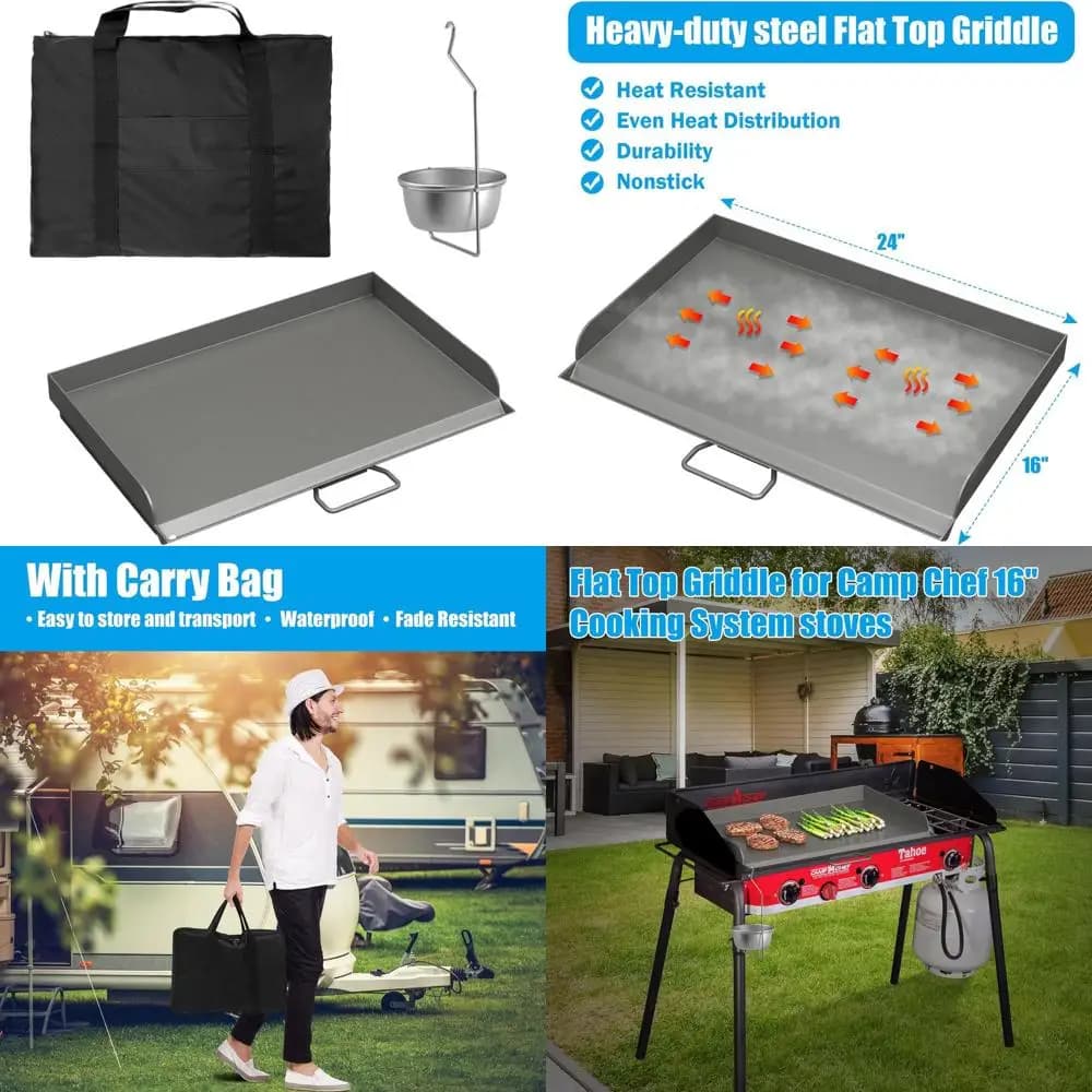 Plate top 16x24 for Camp Chef Tahoe and Expedition 3X, accessory frying plate for 16 2-burner field propane stove, transport bag
