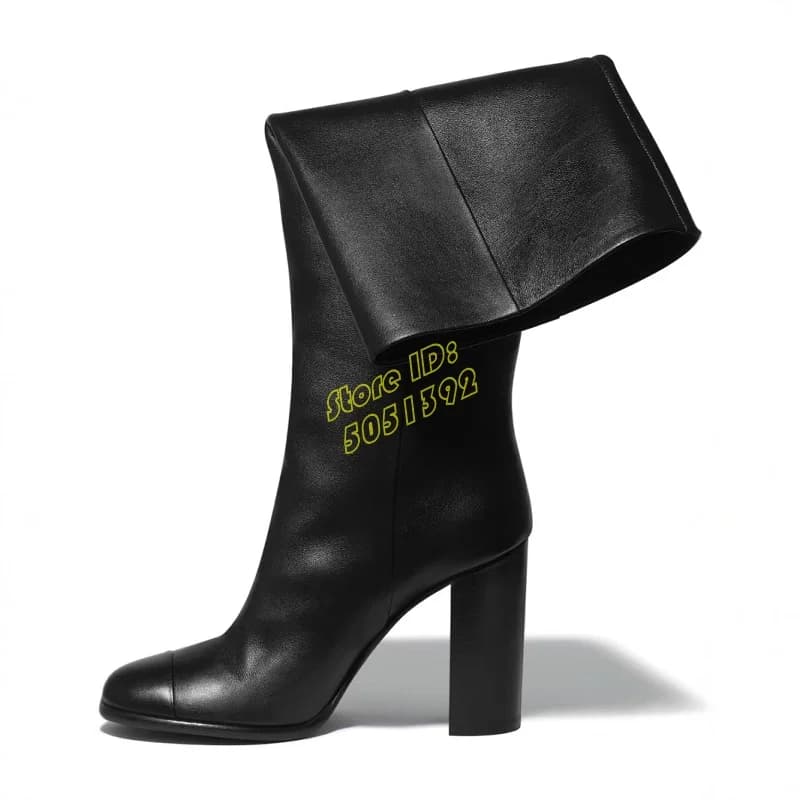 High knee boots in opaque black leather High heel lock Round toe Slip On Runway 2025 Women's elegant shoes autumn winter