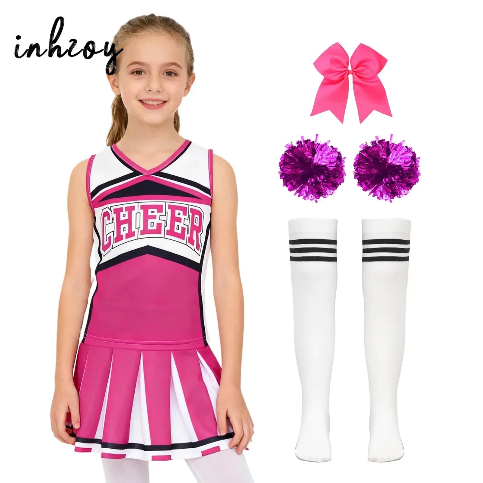 Set di uniformi da ballo per ragazze per bambini Set completo di abiti da performance per leader di allegria con gonna superiore, elastici per capelli, fiori e calzini a mano