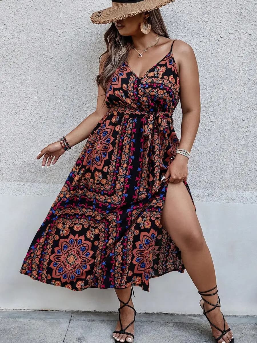 Abito lungo boho con stampa floreale e cintura per donna, estivo