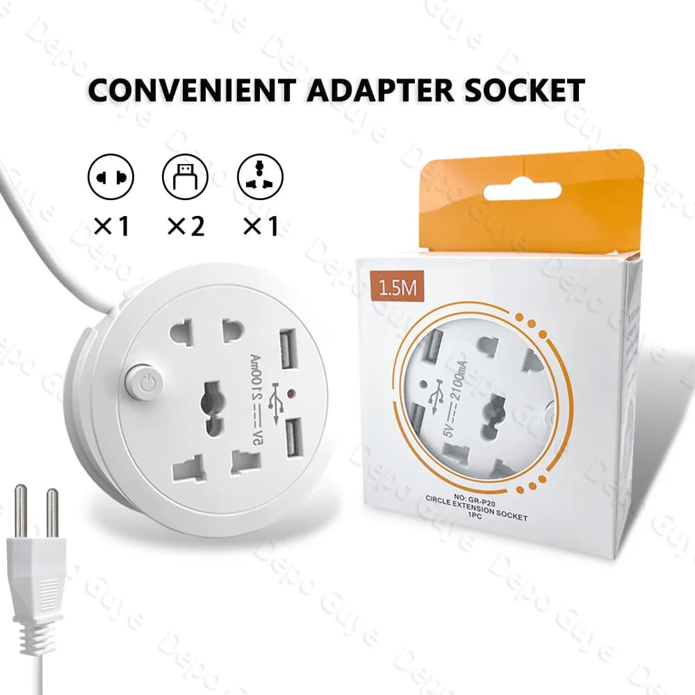 Presa adattatore da viaggio, spina standard UE, presa universale bianca a cinque fori con doppia presa USB portatile con cavo da 1,5 m