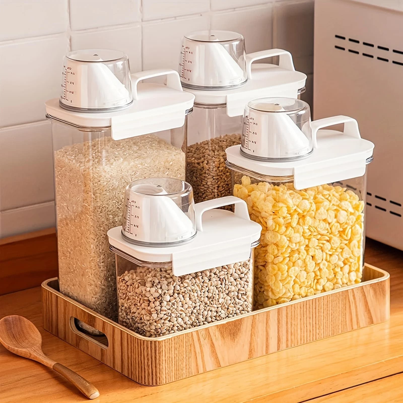 Transparent PET storage jar for grains, tea, and dried fruits with measuring cup