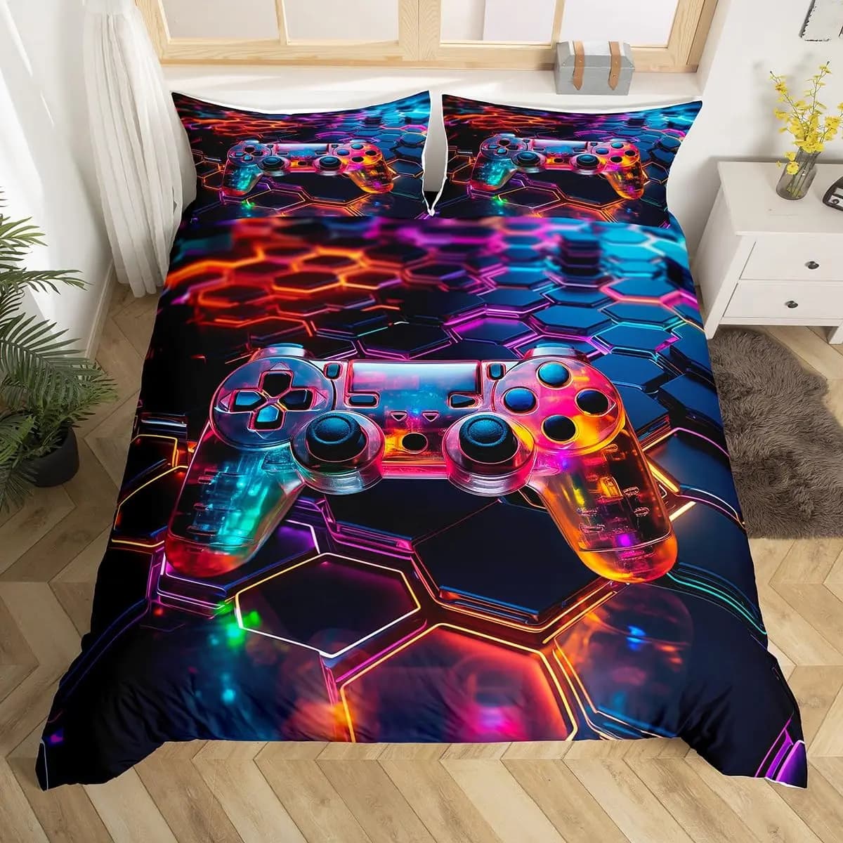 Video Games Duvet Cover Geometric Honeycomb Bedding Set For Kids Boys Teens, Modern Gamer Gaming Comforter Covers Set Queen Size