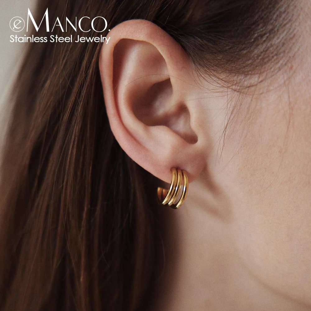 eManco Orecchini a cerchio con ago per gioielli di moda a tre file Orecchini metallici classici dal design semplice per regali da donna