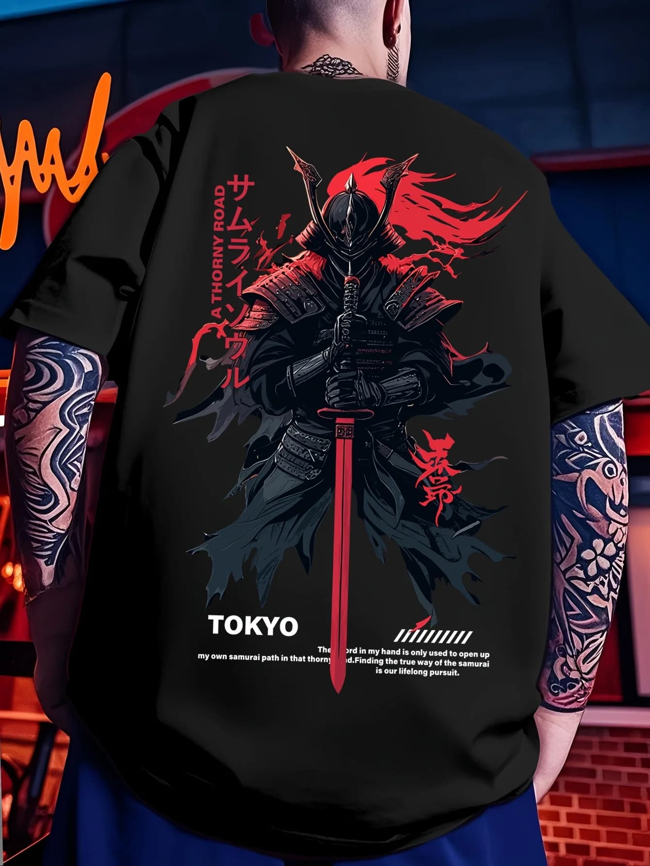 T-shirt da uomo casual in cotone 100% traspirante per esterni estiva girocollo con spada rossa samurai nera per uomo adulto Trendy versatile quotidiano