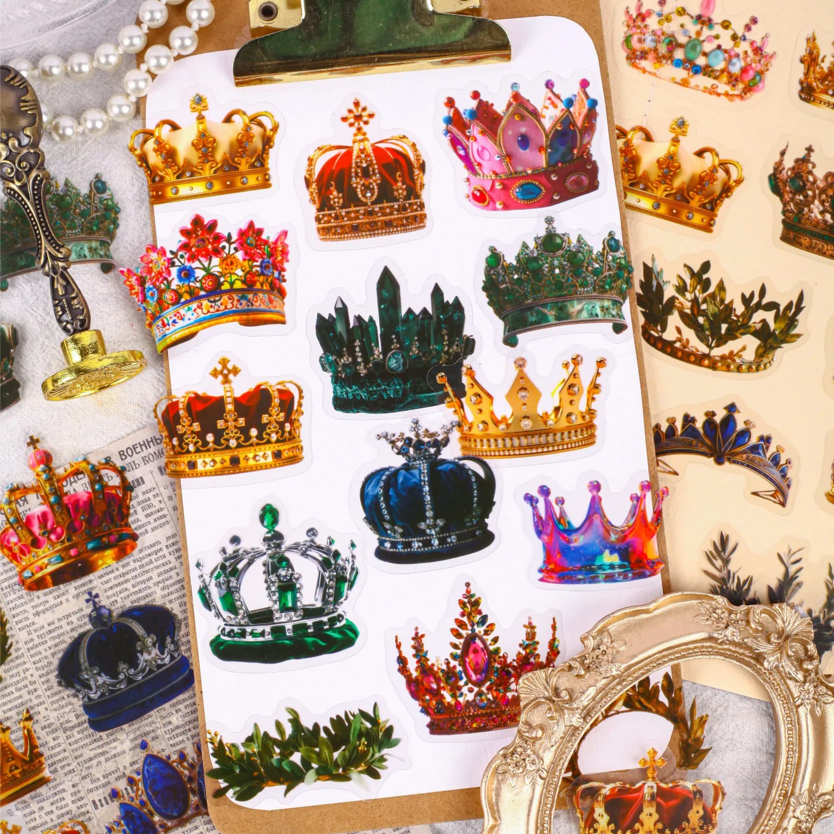 Set di 16 Adesivi PET Serie Corona, Tema Corona Imperiale, Adesivi Decorativi per Collage, DIY Scrapbooking, Diario, Quaderno