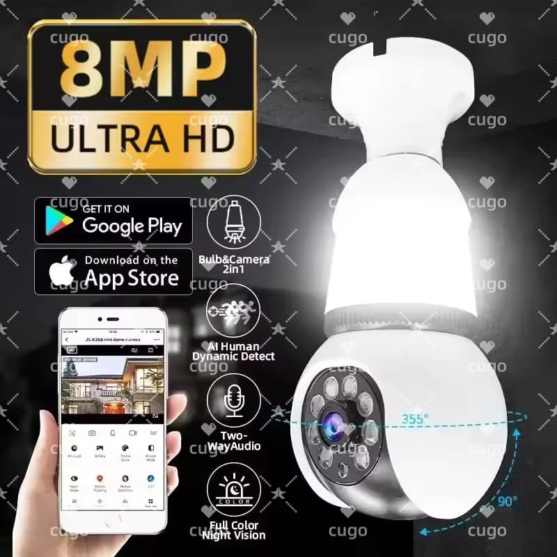 Telecamera LED E27 8MP WiFi, Videocamera di Sorveglianza HD PTZ con Zoom 8X, Tracciamento AI, Visione Notturna a Colori, Telecamera Wireless CCTV per Interni