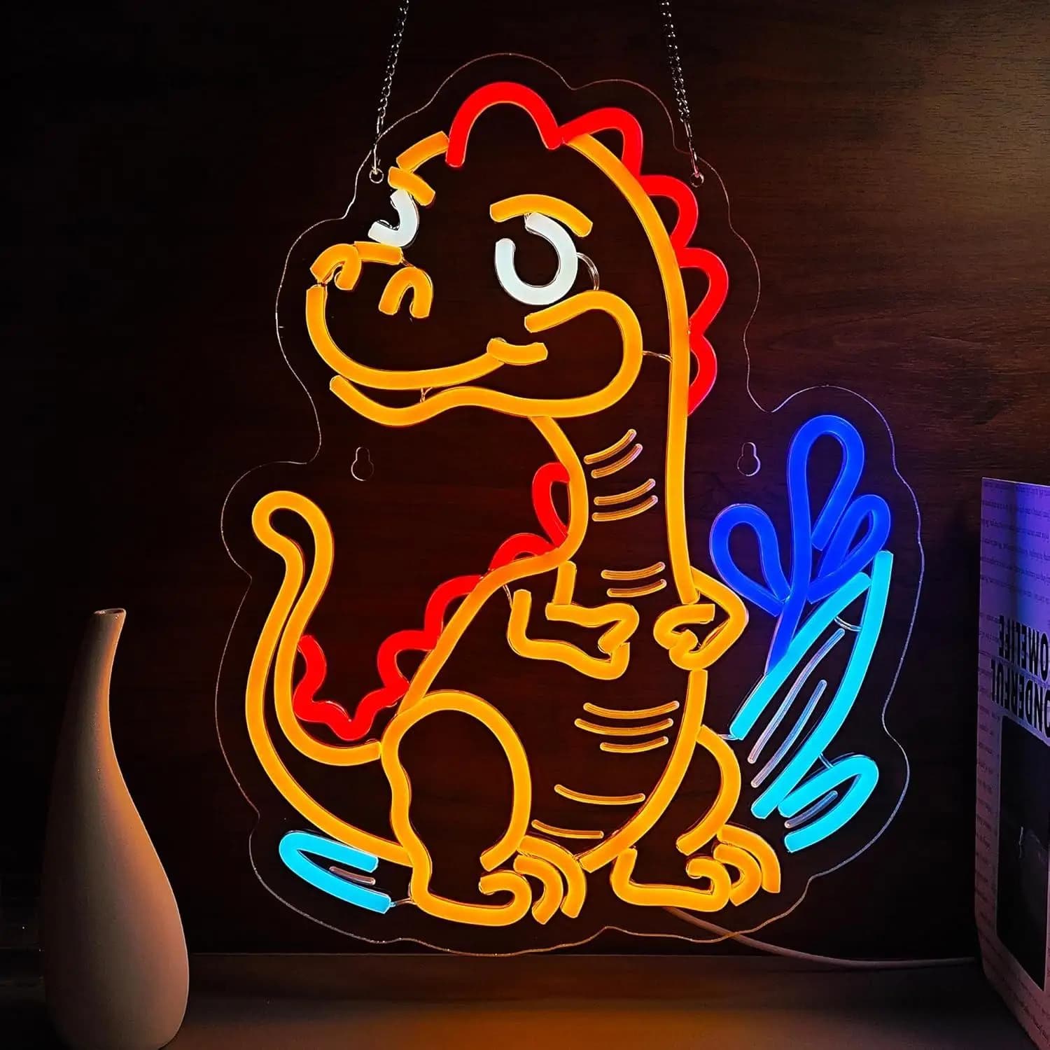 Insegna al Neon a Forma di Dinosauro Carino, T-Rex Cartoon, Luce LED Dimmerabile USB, Decorazione da Parete per Cameretta Bambini, Stanza Giochi, Arredamento Retrò per la Casa