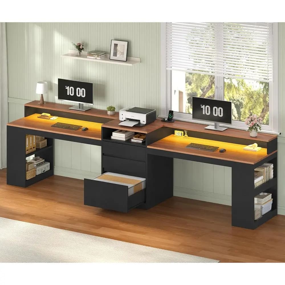 2-Person LED-lit Computer Desk with Power Outlet, Storage and Monitor Stand for Home Office or Gaming