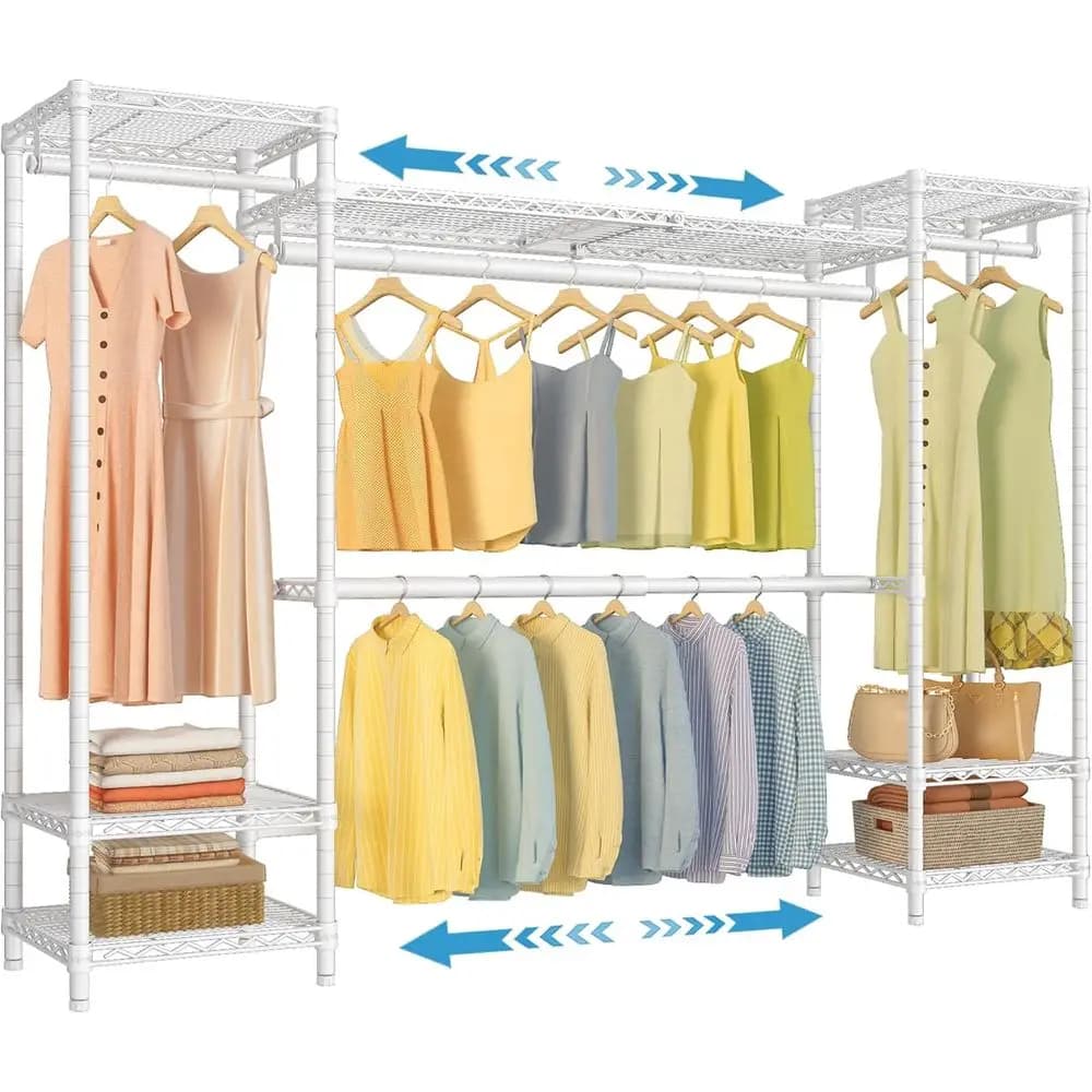 Adjustable Heavy-Duty Expandable Clothes Rack, 5' to 6'11, 950lbs Capacity, Portable Closet with 4 Hanger Rods & 7 Shelves, Meta
