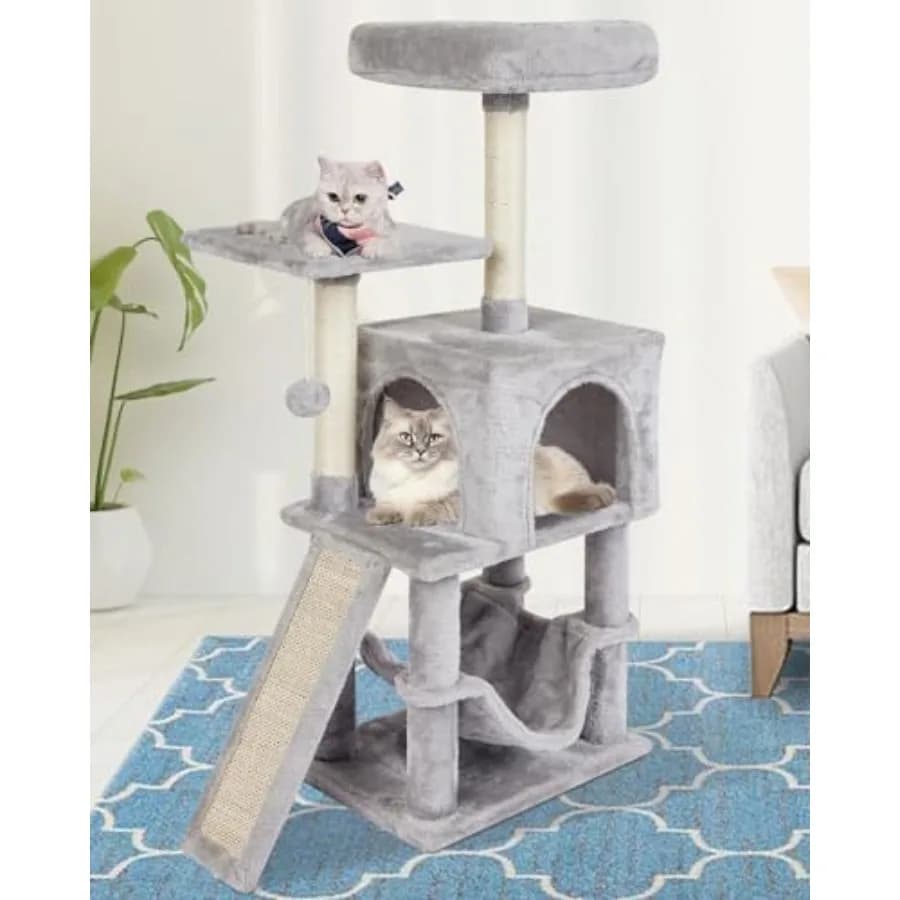 Albero per Gatti Grigio Carino per Interni, con Tiragraffi, Cuccia Moderna, Amaca, Palla Sospesa e Tavola