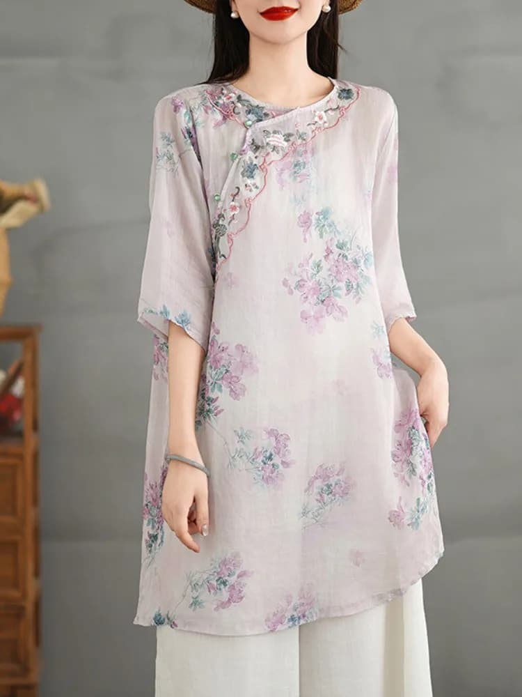 Chinese Style National Trend Side Button Embroidered Linen Print Shirt Women's Mid-Length Summer Zen Tea Clothing Loose Linen...