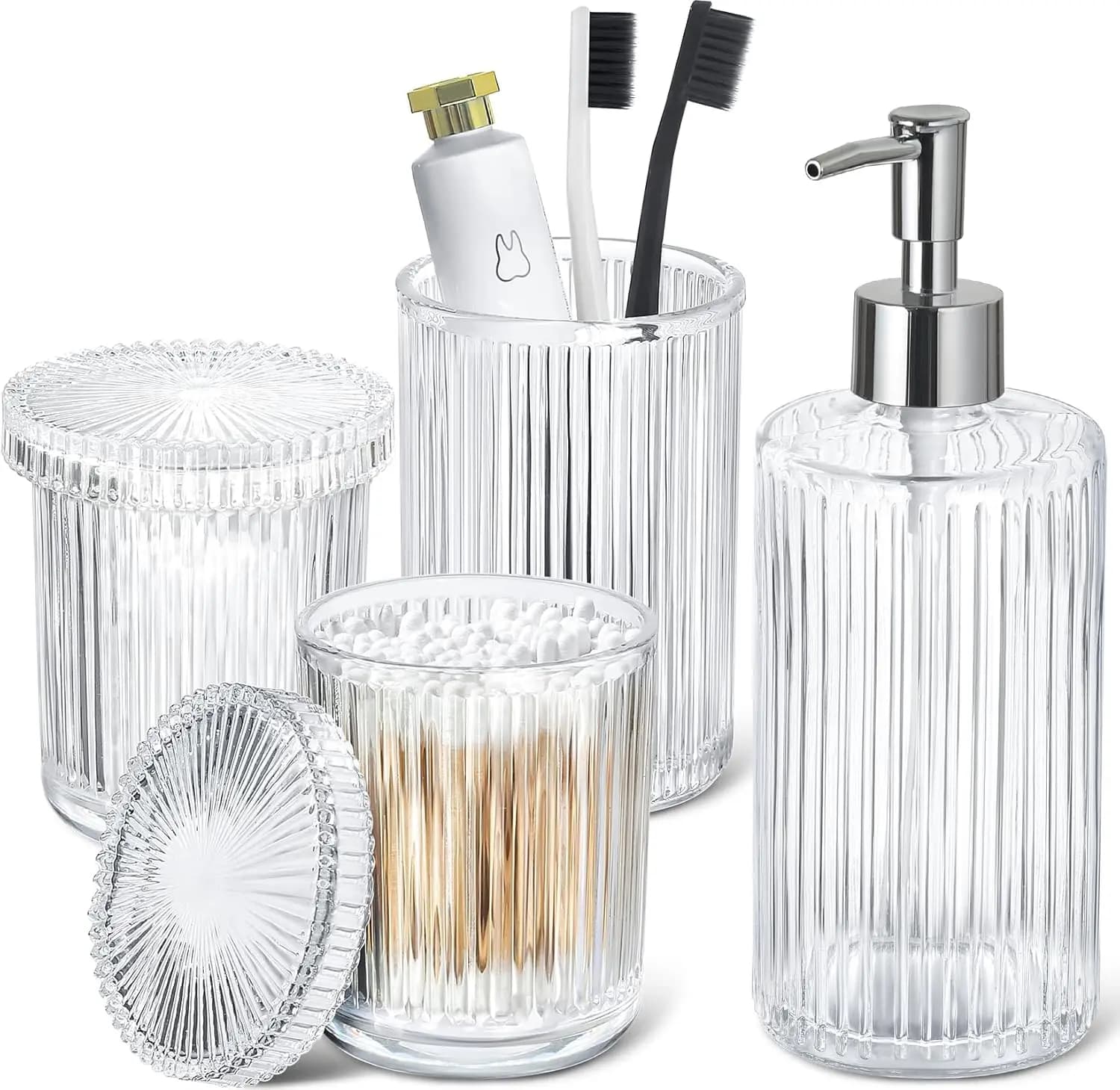 Set di Accessori per Bagno in Vetro Trasparente, 4 Pezzi: Dispenser Sapone Scanalato e Porta Spazzolino con 2 Porta Bastoncini Q-tip, Design Moderno da Bancone