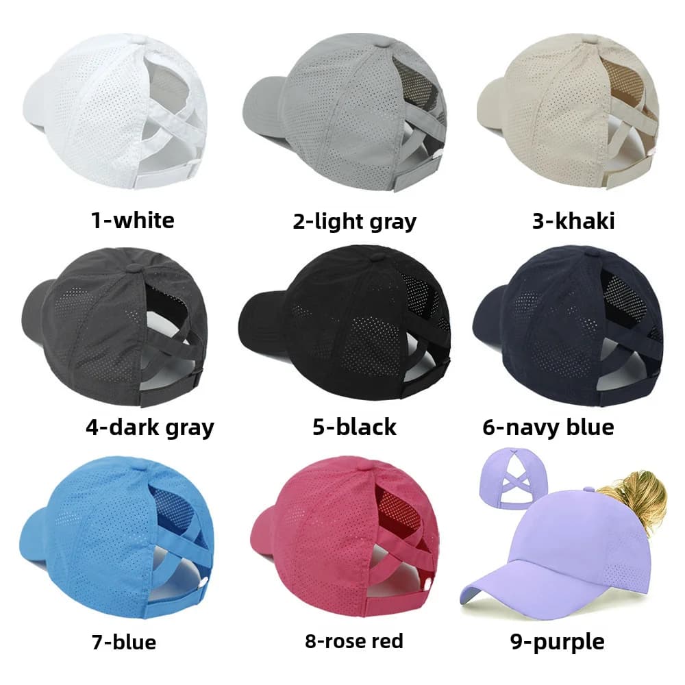 Cappellino da baseball traspirante in rete da donna con cinturino posteriore, cappello per coda di cavallo incrociata, cappello ad asciugatura rapida, per corsa e fitness per adulti