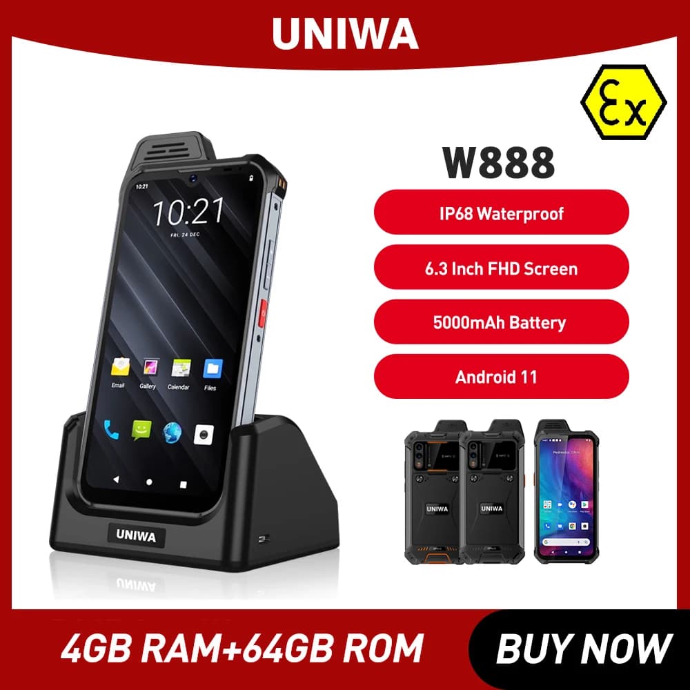 UNIWA W888 ATEX Explosion IP68 Robusto Andriod 11 Smartphone Octa Core 4GB + 64GB Schermo HD/FHD da 6,3 pollici 4G Telefono cellulare 5000mAh NFC