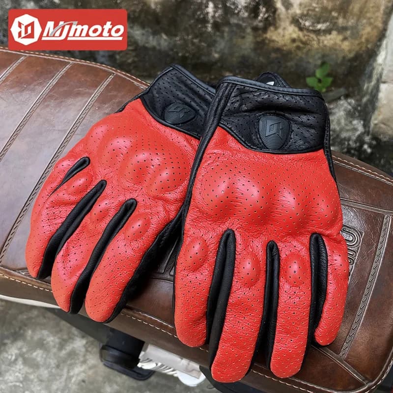 Summer Breathable Perforated Red Retro Leather Motorcycle Gloves Cycling Touchscreen with Built-in EVA Shell Protector Items