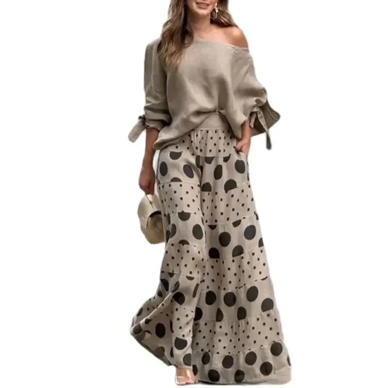 Solid Color Nine-quarter Sleeve Slant Collar T-Shirt Pants Women Two Piece Sets Dot Prints Multi-layer Splice Pants Female Suits