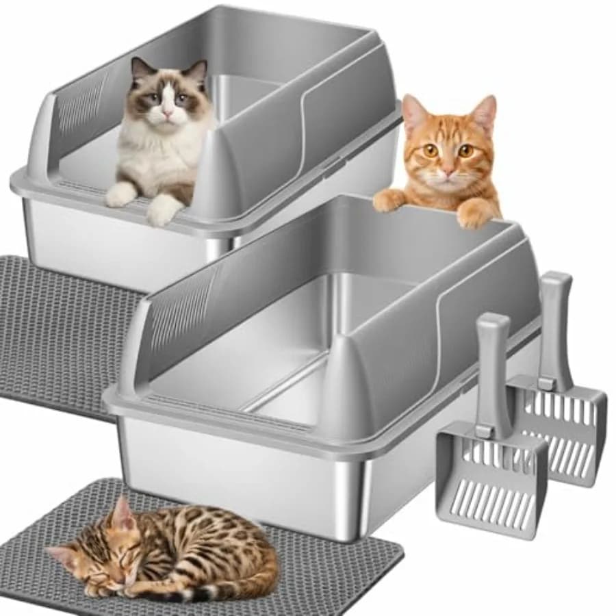 2 Pack XL Stainless Steel Cat Litter Box for Big and Senior Cats, Multi-Cat Metal Litter Pan with High Sides, Odor-Resistant an