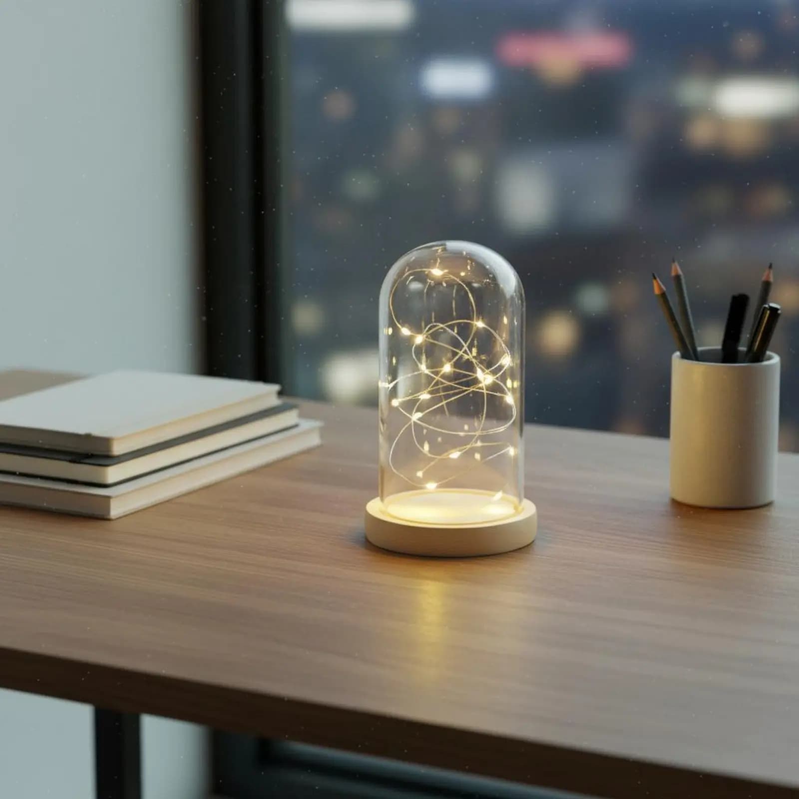 Lampada Decorativa da Tavolo a Campana in Vetro con Luce Calda, Vaso Illuminato a Cupola in Vetro Spesso e Robusto