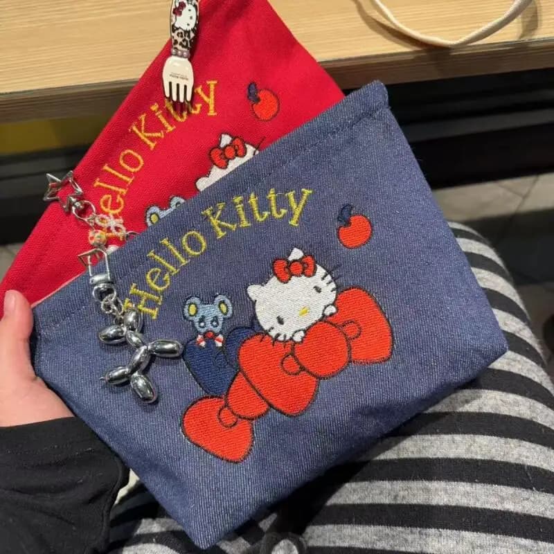 Borsa per il Trucco Sanrio Hello Kitty, Pochette Cosmetica KT Cat, Borsa per Cosmetici di Grande Capacità, Borsetta Ricamata per Toilette