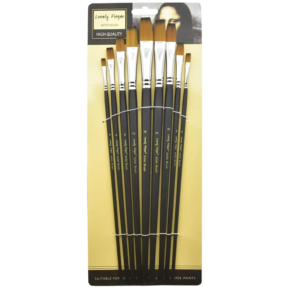 9Pcs Flat Tipped Art Paintbrush Set, Anti-Shedding Synthetic Nylon with Long Handle,Paint Brush for Watercolor Acrylics